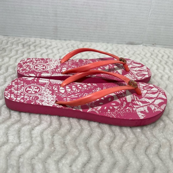 Tory Burch Women’s Size 6.5M Pink Floral Rubber Beach Flip Flop EUC - Picture 8 of 11